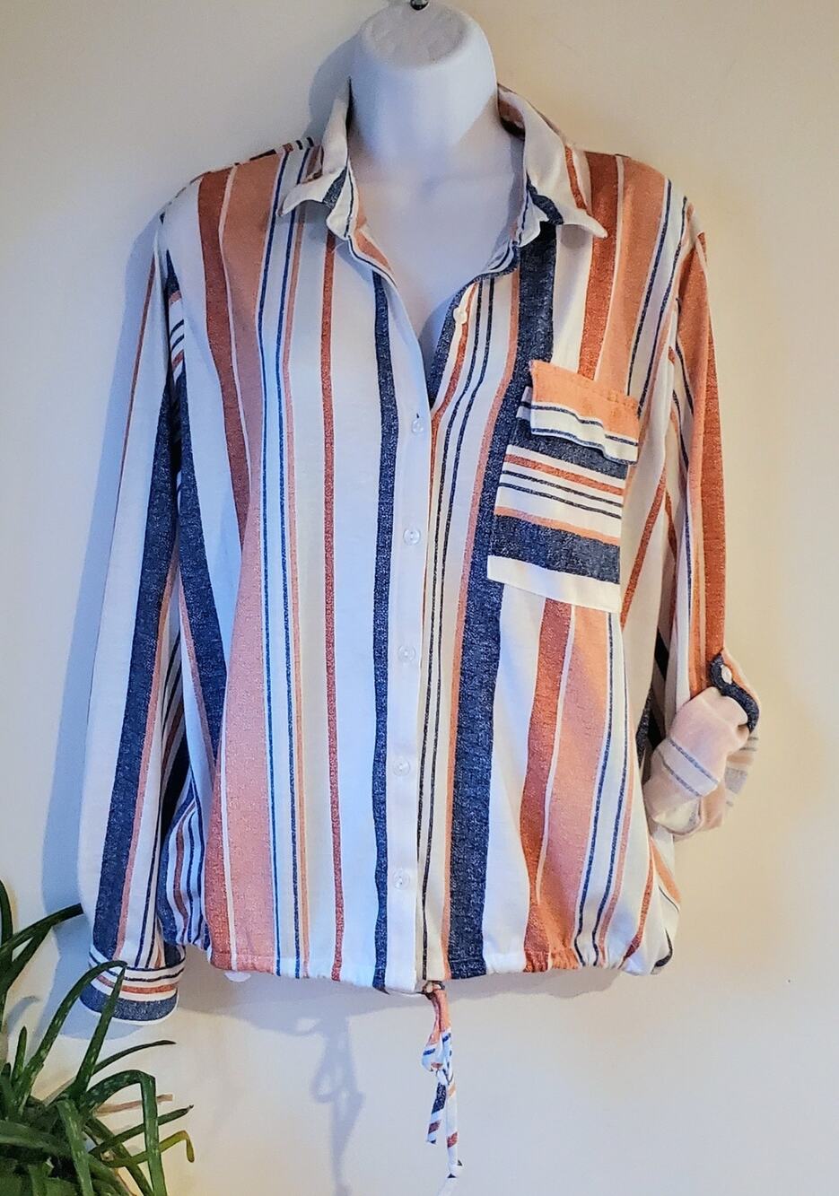 Eden & Olivia Womens Blue Coral Striped button down Short Size XL Preppy Beachy